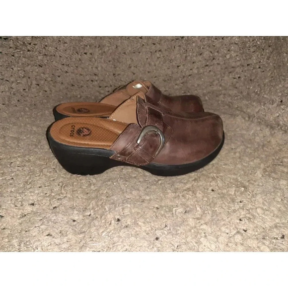 CROCS-Cobbler Buckle Clog Mules Brown Leather 15513-Sz 9-Excellent - Picture 4 of 7